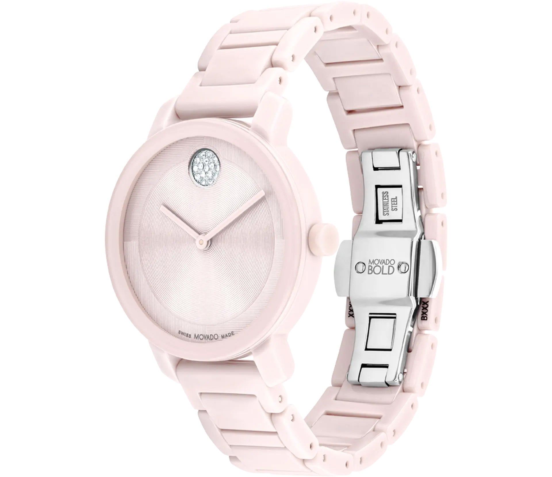 The Movado BOLD Evolution 2.0 Quartz 34mm Watch is a minimalist ceramic wristwatch in blush pink, featuring a round face with silver hands and a single crystal at the 12 o'clock position. Its micro-textured dial perfectly complements the pink band, which is secured with a silver clasp displaying the brand name "Movado.