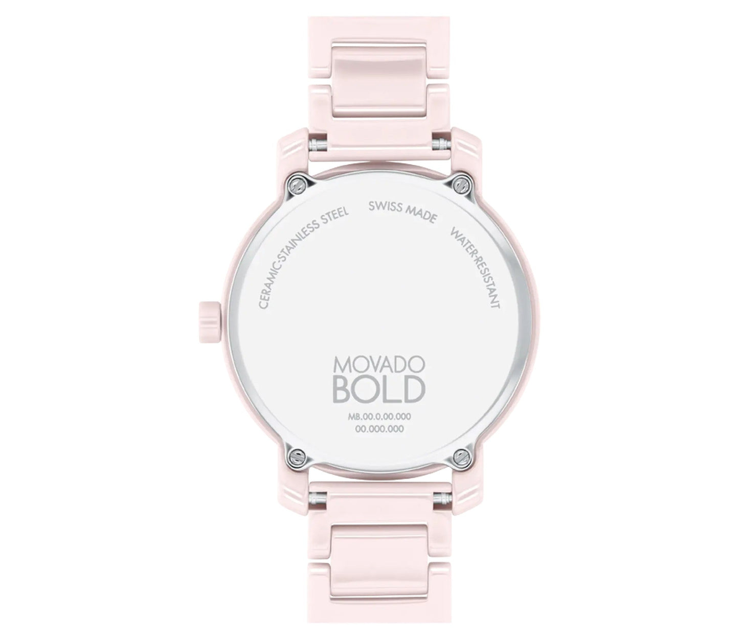 Back view of the Movado BOLD Evolution 2.0 Quartz 34mm Watch showcases its blush pink ceramic and stainless steel H-link bracelet. On the back, it says "Movado Bold," along with specifications like "Swiss Made" and "Water Resistant." The case is held in place by four screws.