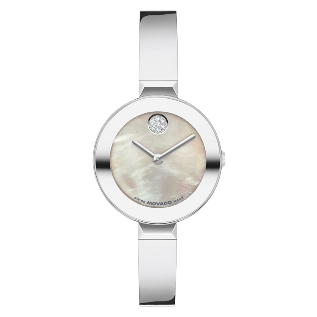 Silver-tone Movado BOLD Bangle Quartz 28mm Watch with a round case, mother-of-pearl dial, two hands, and a single diamond dot at the 12 o’clock position.