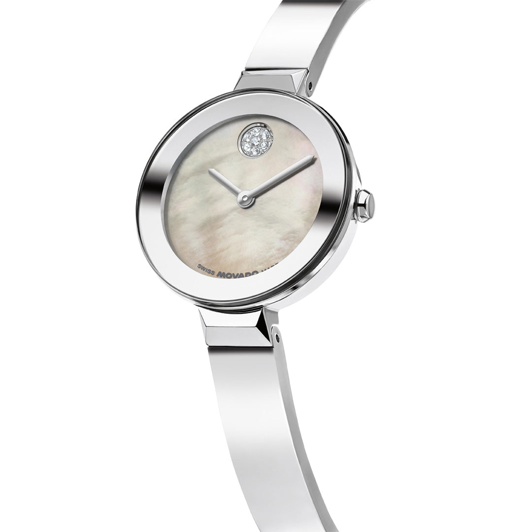 Movado BOLD Bangle Quartz 28mm Watch in silver featuring a mother-of-pearl dial, silver hands, and a single decorative stone at the twelve o’clock position.