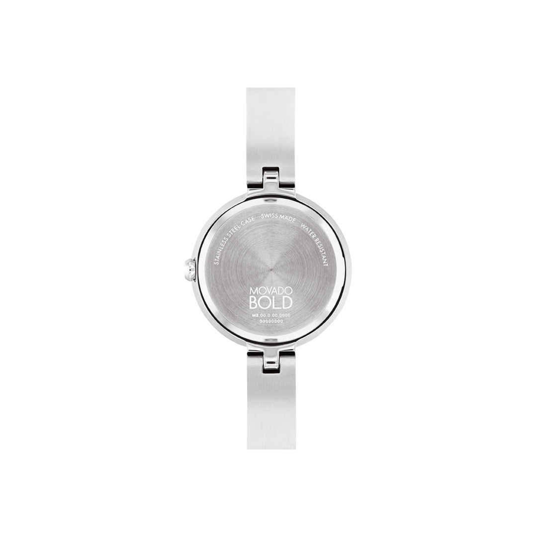 Back of a silver-toned Movado BOLD Bangle Quartz 28mm Watch with a round case, integrated bangle band, and Swiss made movement.