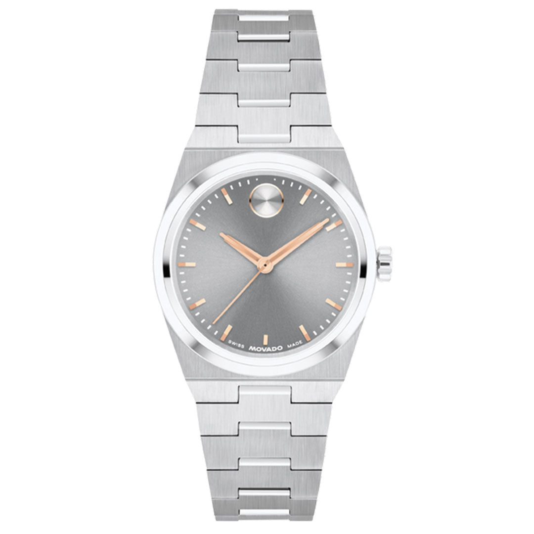 The Movado BOLD Quest Mini Quartz 28mm Watch features a silver brushed metal band, round gray face, rose gold-tone hands, minimalist markers, and a signature dot at 12 o'clock.
