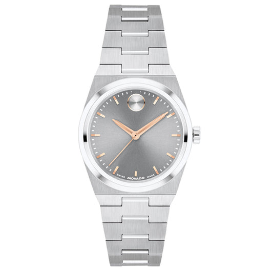 The Movado BOLD Quest Mini Quartz 28mm Watch features a silver brushed metal band, round gray face, rose gold-tone hands, minimalist markers, and a signature dot at 12 o'clock.