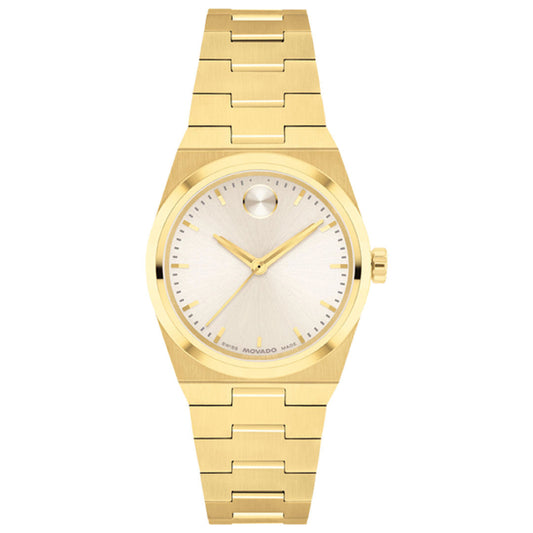 The Movado BOLD Quest Mini Quartz 28mm Watch features a gold metallic band, minimalist champagne dial, gold hour and minute hands, no numerals, and a single dot at 12 o’clock.