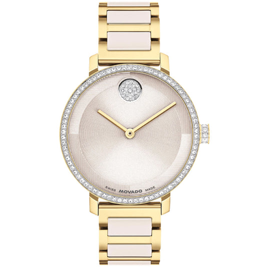 The Movado BOLD Evolution 2.0 Quartz 34mm Watch features a round face, crystal-set bezel, diamond accents at 12 o’clock, gold hands, and a two-tone metal bracelet by Movado.