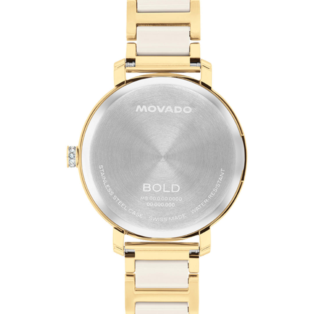 The Movado BOLD Evolution 2.0 Quartz 34mm Watch, shown from the back, features a round case, brushed metal back, and engraved details including the Movado brand, serial number, "Swiss Made," and "Water Resistant.