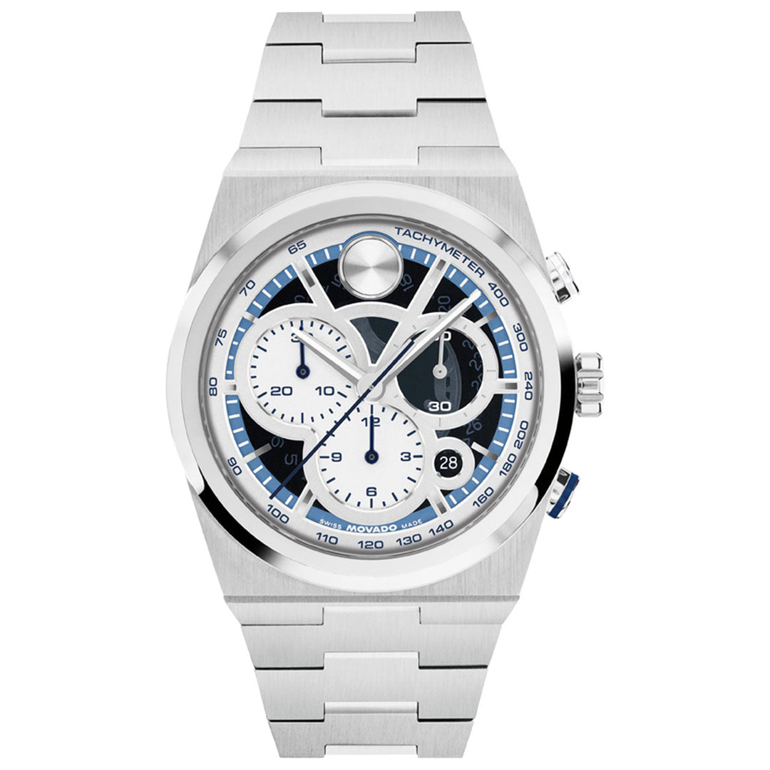 The Movado BOLD Quest Chronograph Quartz 40mm Watch by Movado features a sleek, modern design with a robust stainless steel bracelet, a silver metal case, and a blue and white dial accented by three subdials, tachymeter markings, a date window, and two side buttons.