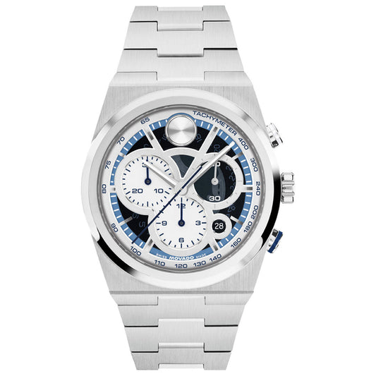 The Movado BOLD Quest Chronograph Quartz 40mm Watch by Movado features a sleek, modern design with a robust stainless steel bracelet, a silver metal case, and a blue and white dial accented by three subdials, tachymeter markings, a date window, and two side buttons.
