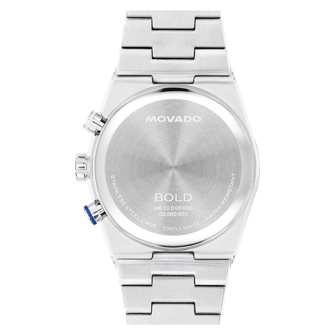 The back of the Movado BOLD Quest Chronograph Quartz 40mm Watch reveals engraved details such as the Movado brand, model information, water resistance rating, and “Swiss Made.” Both the case and bracelet feature a sleek silver finish in polished stainless steel, giving this timepiece an elegant and timeless appearance.