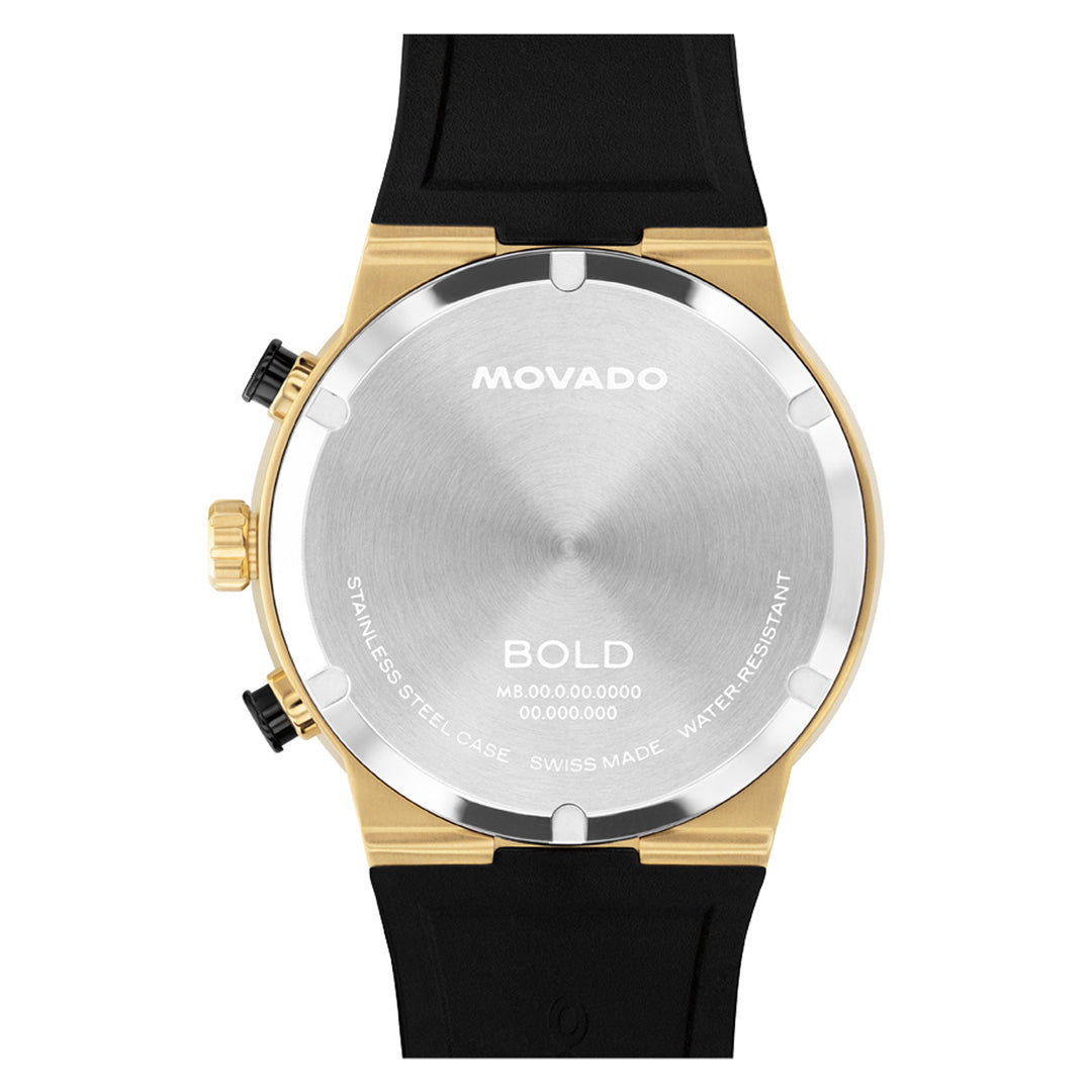 The back of the Movado BOLD Fusion Chronograph Quartz 44.5mm Watch by Movado, showcasing its stainless steel case, yellow gold ion-plated accents, black strap, and engraved specifications on the case back.