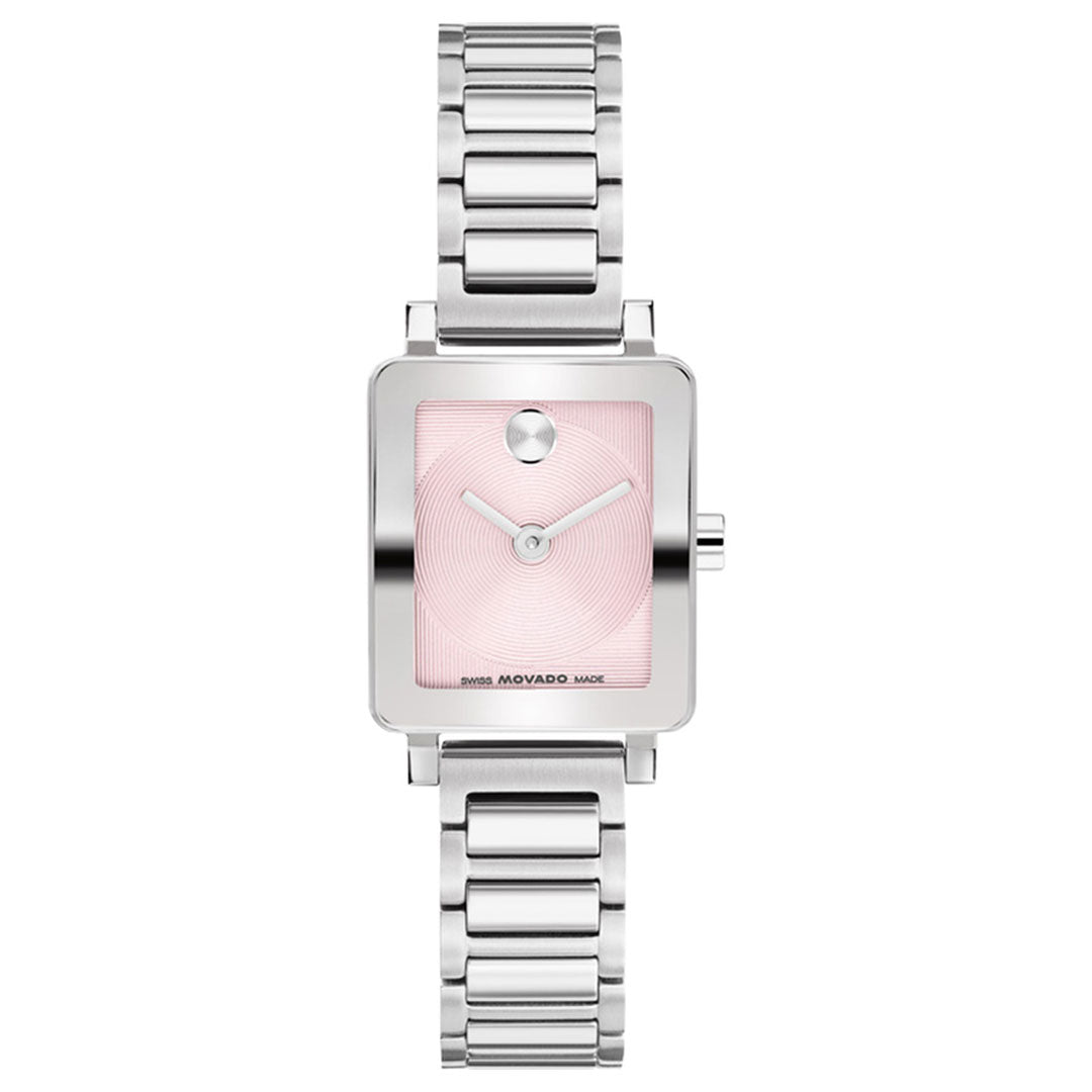 The Movado BOLD Evolution 2.0 Mini Quartz Watch for women features a silver-tone stainless steel case (19mm x 22.5mm), a square pink minimalist dial with a microtextured finish, silver hands, and a signature single dot at 12 o’clock, complemented by a sleek stainless steel link bracelet.