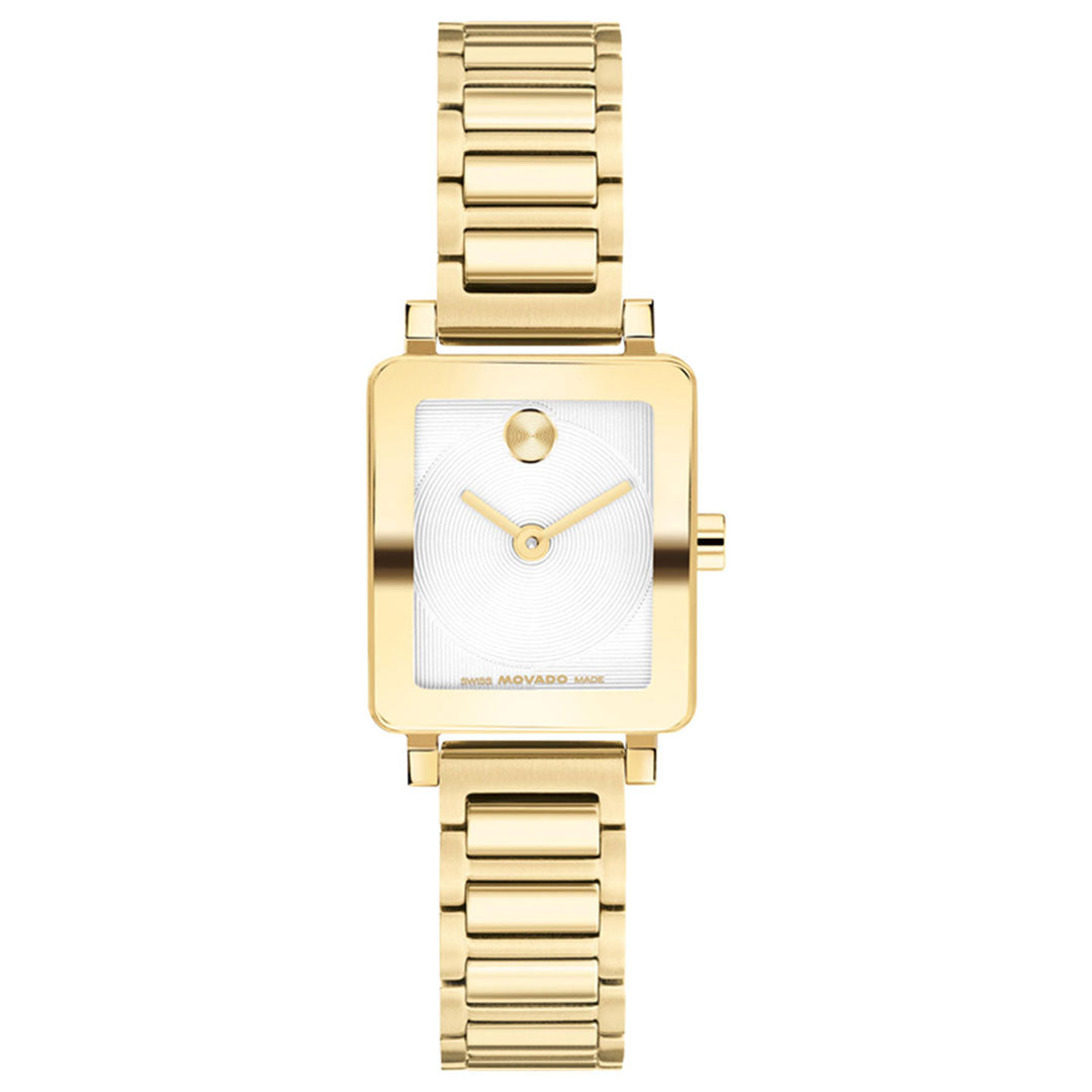 The Movado BOLD Evolution 2.0 Mini Quartz 19mm x 22.5mm Watch by Movado features a square, yellow gold mini case and a minimalist white micro-textured dial without visible hour markers. Its gold-tone band is composed of rectangular links, elegantly complementing the Swiss made movement inside.