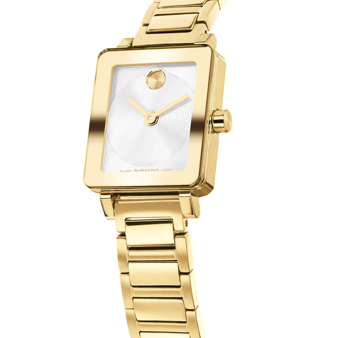 The Movado BOLD Evolution 2.0 Mini Quartz 19mm x 22.5mm Watch by Movado showcases a gold square case, minimalist design, gold hour and minute hands, a micro-textured dial, and a shiny gold metal band.