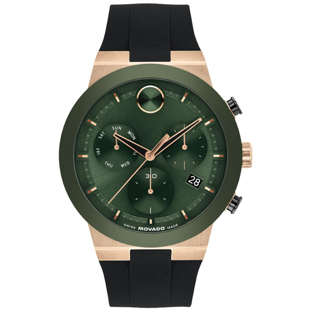 The Movado BOLD Fusion Chronograph Quartz 44.5mm Watch features a green sunray dial, gold case, ceramic bezel, and black strap. Three subdials display day, date, and 24-hour time. Rose gold hands and markers offer a refined finish.