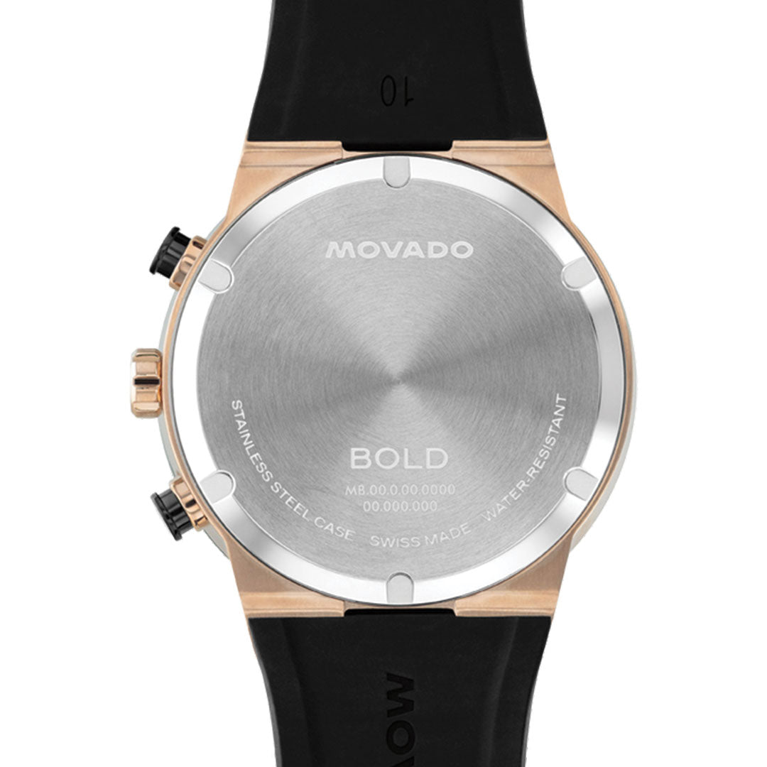 The back of a Movado BOLD Fusion Chronograph Quartz 44.5mm Watch features a stainless steel case with engraved brand, model, and water resistance info, two side buttons, and a black rubber strap.
