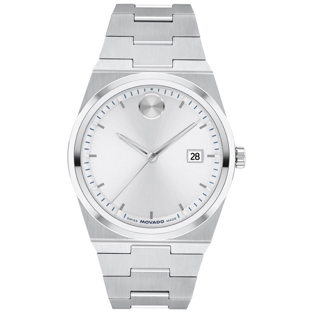 Introducing the Movado BOLD Quest Quartz 40mm Watch by Movado—a Swiss-made timepiece featuring a minimalist dial with silver hour and minute hands, a date window at the 3 o’clock position, and the iconic signature dot at 12 o’clock. Its brushed stainless steel case is paired with a matching stainless steel bracelet, showcasing refined craftsmanship and sophisticated design.