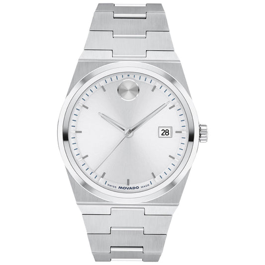 Introducing the Movado BOLD Quest Quartz 40mm Watch by Movado—a Swiss-made timepiece featuring a minimalist dial with silver hour and minute hands, a date window at the 3 o’clock position, and the iconic signature dot at 12 o’clock. Its brushed stainless steel case is paired with a matching stainless steel bracelet, showcasing refined craftsmanship and sophisticated design.