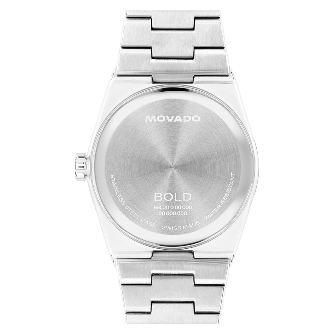 The Movado BOLD Quest Quartz 40mm Watch by Movado is featured from the back, highlighting its brushed stainless steel case engraved with “BOLD,” water resistance details, and Swiss made movement. The band’s brushed metal link design showcases the refined craftsmanship of this stainless steel wristwatch.