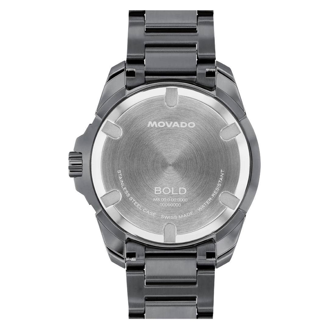 Back view of the Movado BOLD Verso S Quartz 42mm Watch by Movado, featuring a stainless steel case and metal band, with engraved details like the model number and “Swiss Made” text, emphasizing its precise Swiss quartz movement.