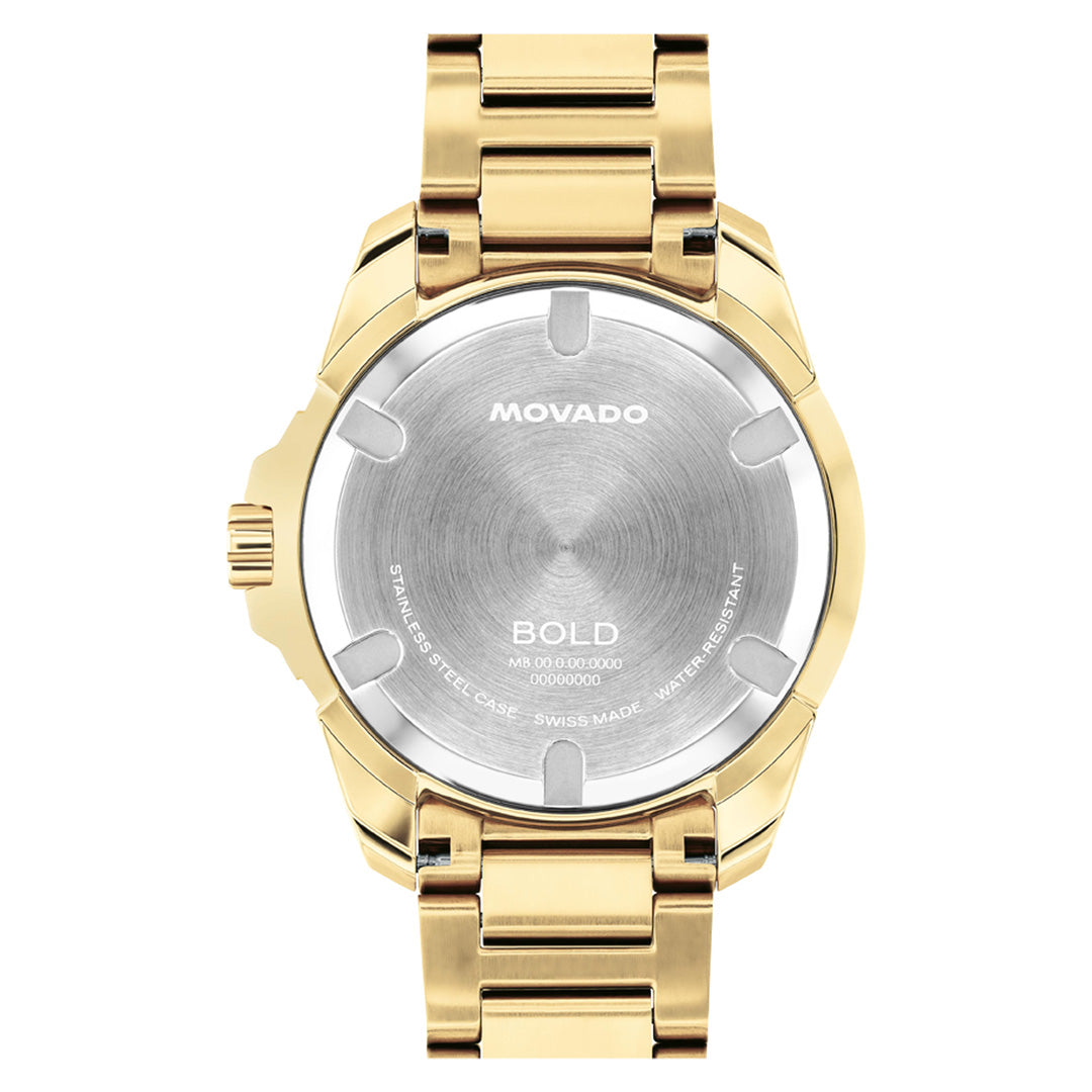 The Movado BOLD Verso S Quartz 42mm Watch by Movado is shown from the back, revealing a silver case engraved with “MOVADO BOLD” and additional details. This timepiece features a yellow gold-toned polished metal band and is powered by a precise Swiss-made quartz movement.