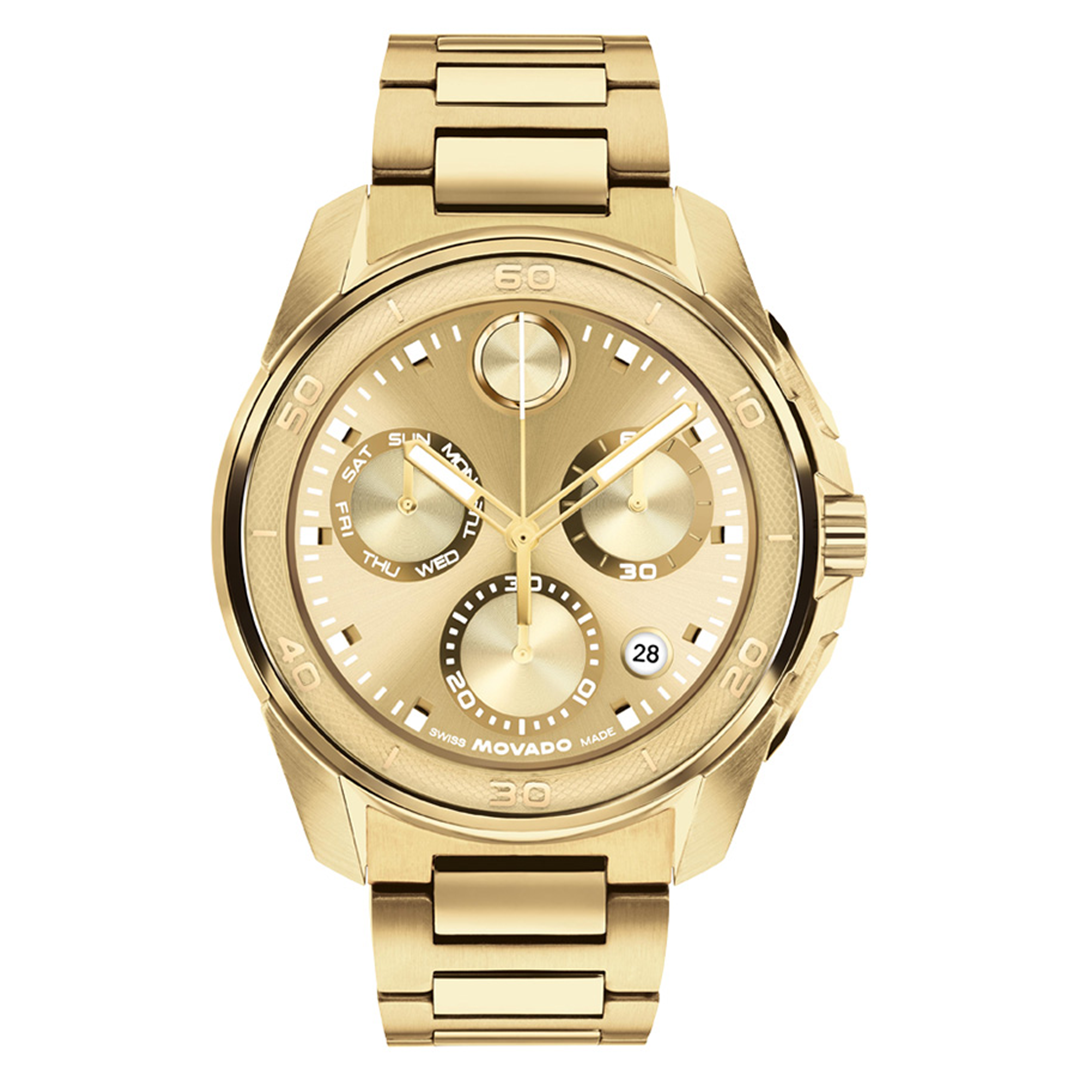 Movado BOLD Verso Quartz Chronograph 44mm Watch in gold-tone with a metal link bracelet, gold dial, three sub-dials, and a date display.