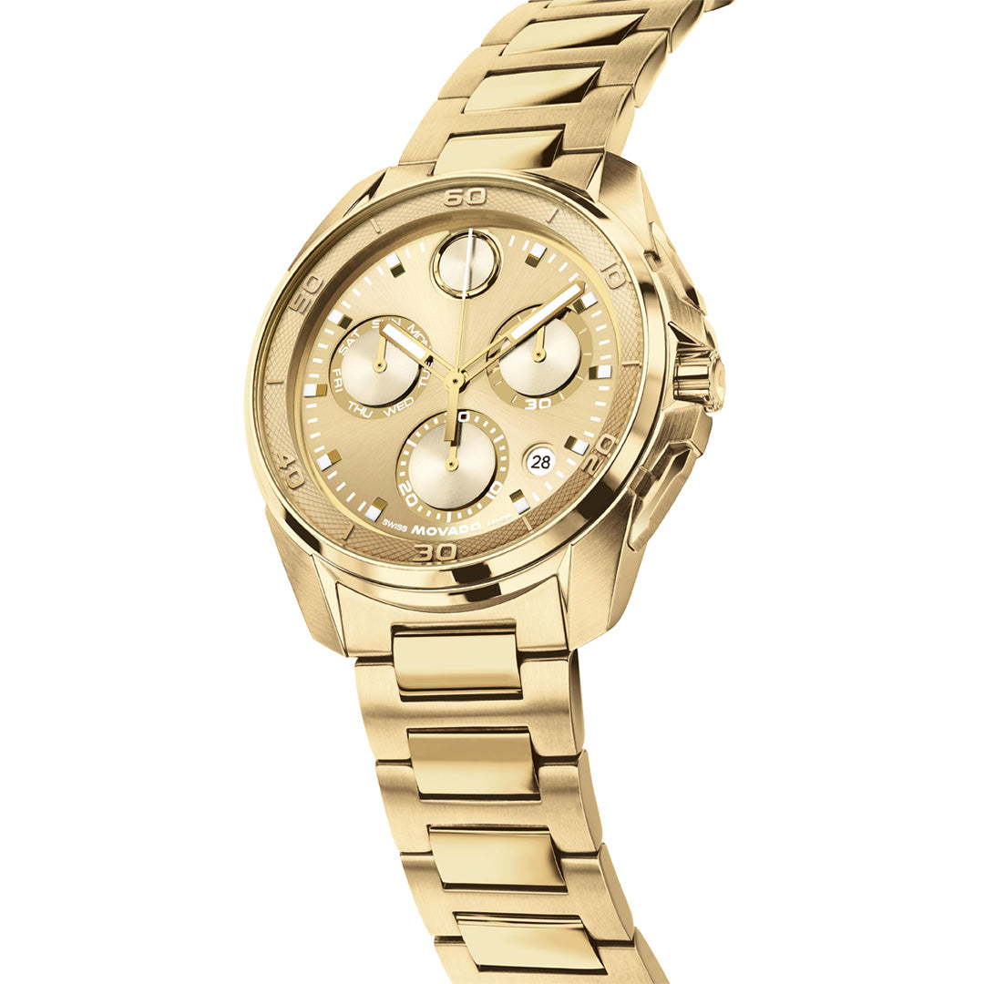 Gold-tone Movado BOLD Verso Quartz Chronograph 44mm watch featuring a metal link bracelet and three sub-dials.
