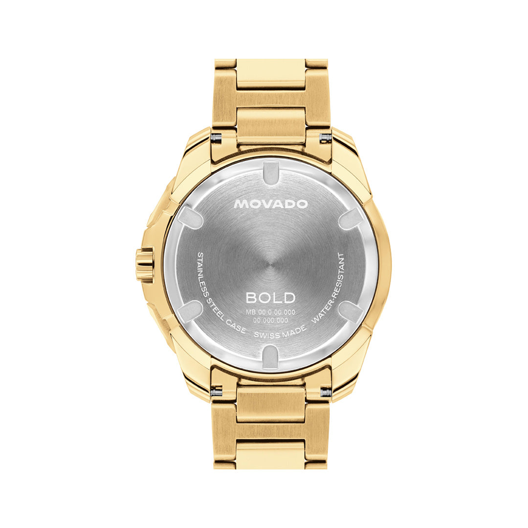 The stainless steel case back of a yellow gold Movado BOLD Verso Quartz Chronograph 44mm Watch, showing engraved Swiss made chronograph brand and model information.