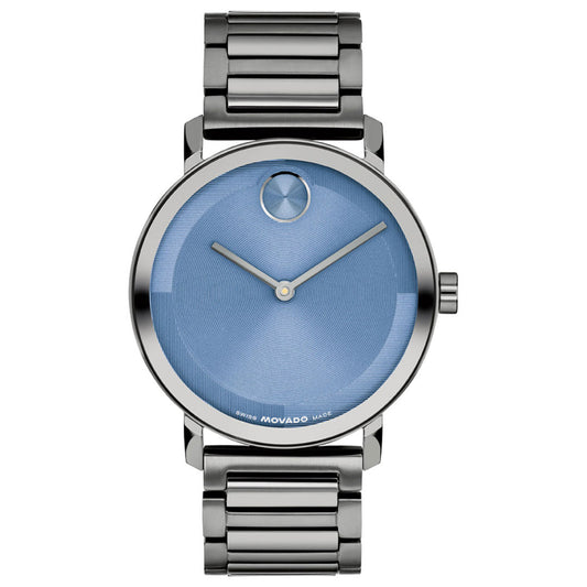 Introducing the Movado BOLD Evolution 2.0 Quartz 40mm Watch: a silver timepiece by Movado featuring a blue micro-textured dial, minimalist design with silver hands and a signature single dot at 12 o’clock, Swiss made quartz movement, and a sleek metal link band—no hour markers for an ultra-modern aesthetic.