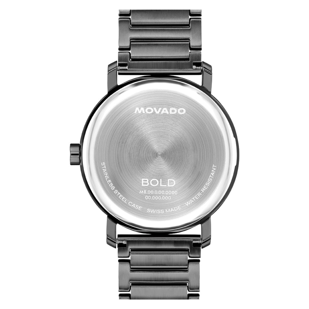 The back of a Movado BOLD Evolution 2.0 Quartz 40mm watch, crafted in stainless steel, displays engraved text on its round brushed metal case and features a linked metal band. This military grey timepiece from Movado offers reliable precision with its Swiss-made movement.
