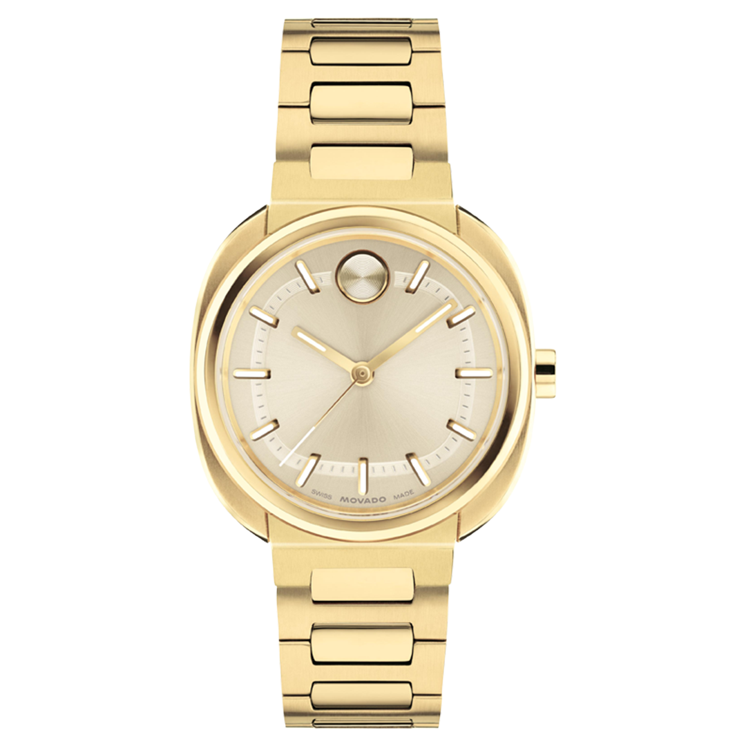 Movado BOLD Nuvo Quartz 30mm X 31mm Watch in yellow gold with a cushion case, a circular dial featuring a signature dot at the twelve o’clock position, and an integrated H-link bracelet.