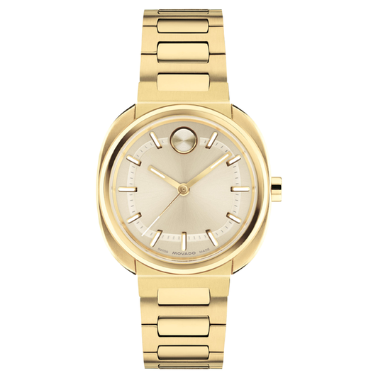 Movado BOLD Nuvo Quartz 30mm X 31mm Watch in yellow gold with a cushion case, a circular dial featuring a signature dot at the twelve o’clock position, and an integrated H-link bracelet.