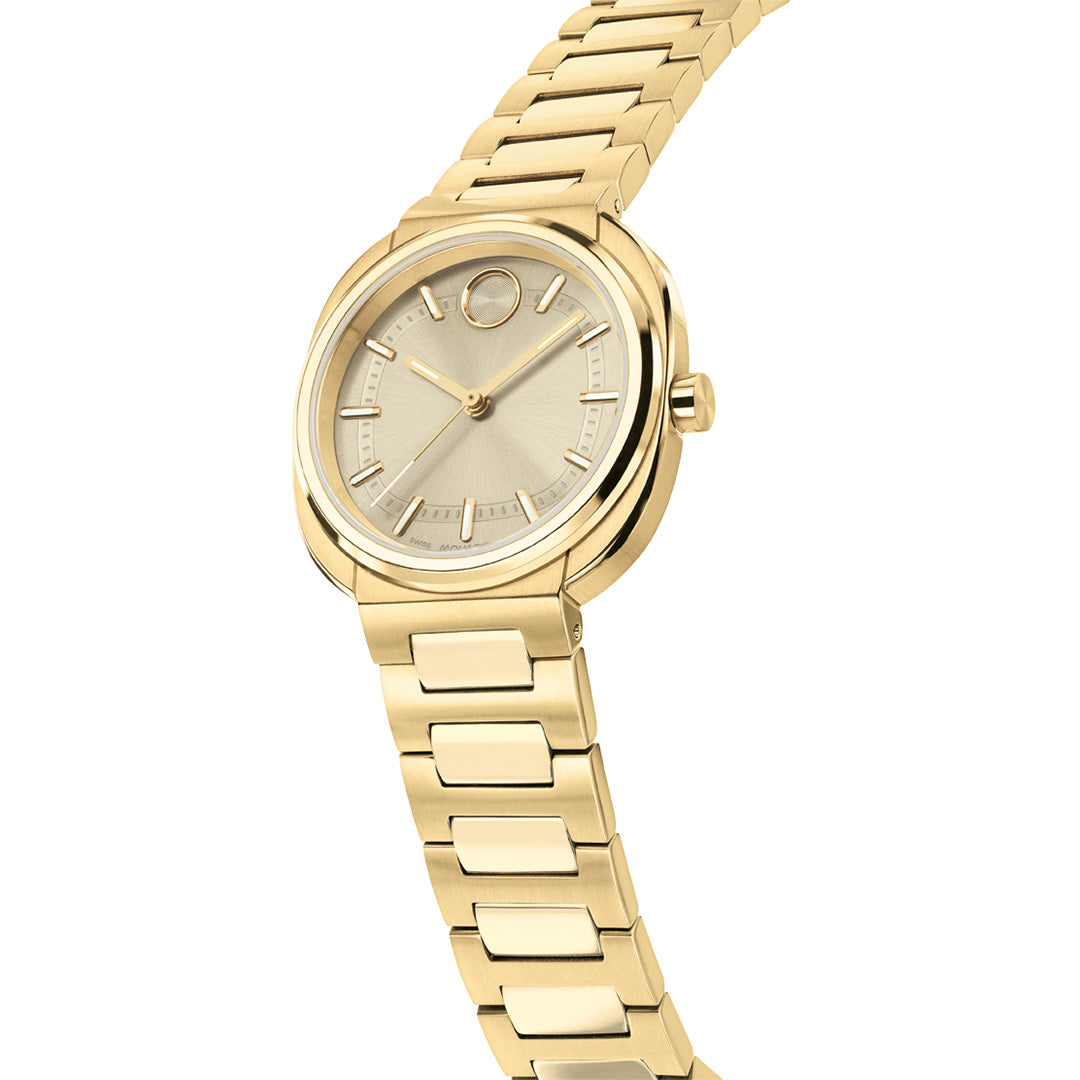 Gold-tone Movado BOLD Nuvo Quartz 30mm X 31mm watch with a yellow gold cushion case, featuring a round face and a matching integrated H-link bracelet.