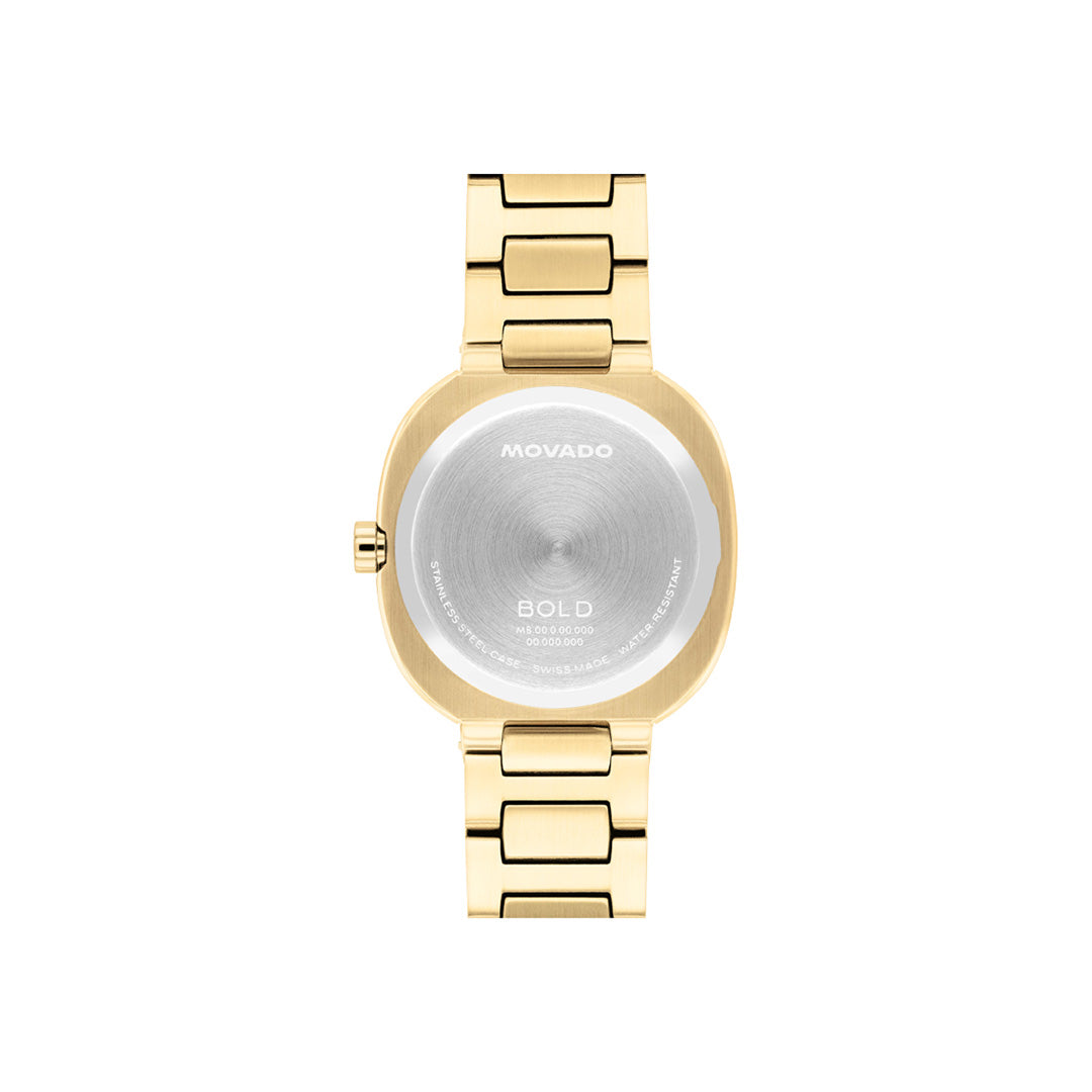 Back view of a gold-tone Movado BOLD Nuvo Quartz 30mm X 31mm Watch with a link bracelet and a circular silver case back featuring engraved details on a yellow gold cushion case.