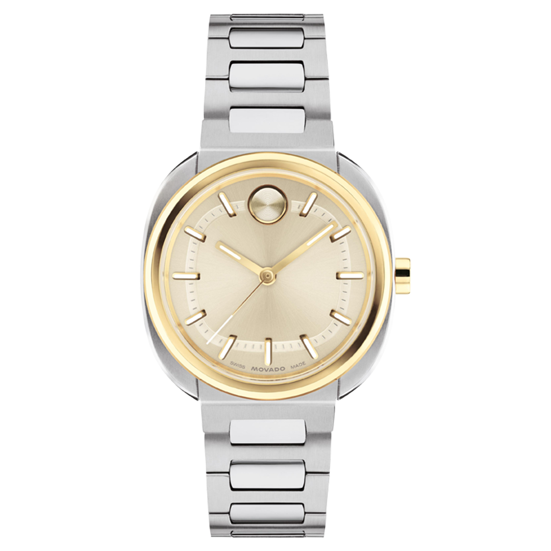 A silver-tone stainless steel cushion case Movado BOLD Nuvo Quartz 30mm X 31mm Watch with a yellow gold ion-plated bezel and a circular champagne dial featuring gold-tone hands and hour markers.