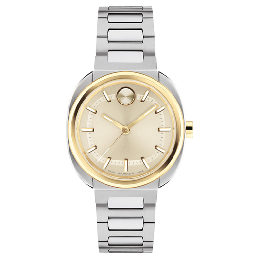 A silver-tone stainless steel cushion case Movado BOLD Nuvo Quartz 30mm X 31mm Watch with a yellow gold ion-plated bezel and a circular champagne dial featuring gold-tone hands and hour markers.