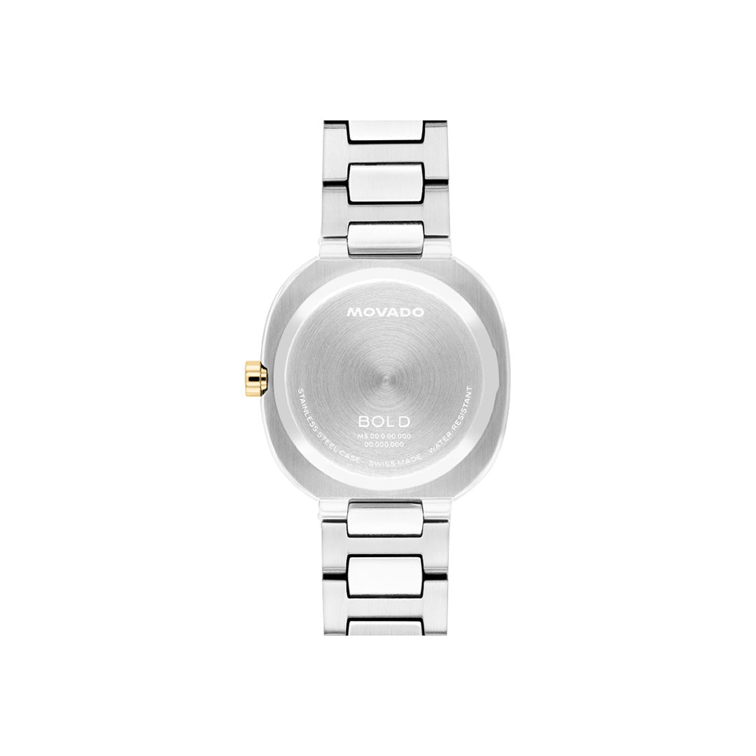 Back view of a Movado BOLD Nuvo Quartz 30mm X 31mm Watch, featuring a silver-toned stainless steel cushion case, gold-toned crown, and stainless steel link bracelet.
