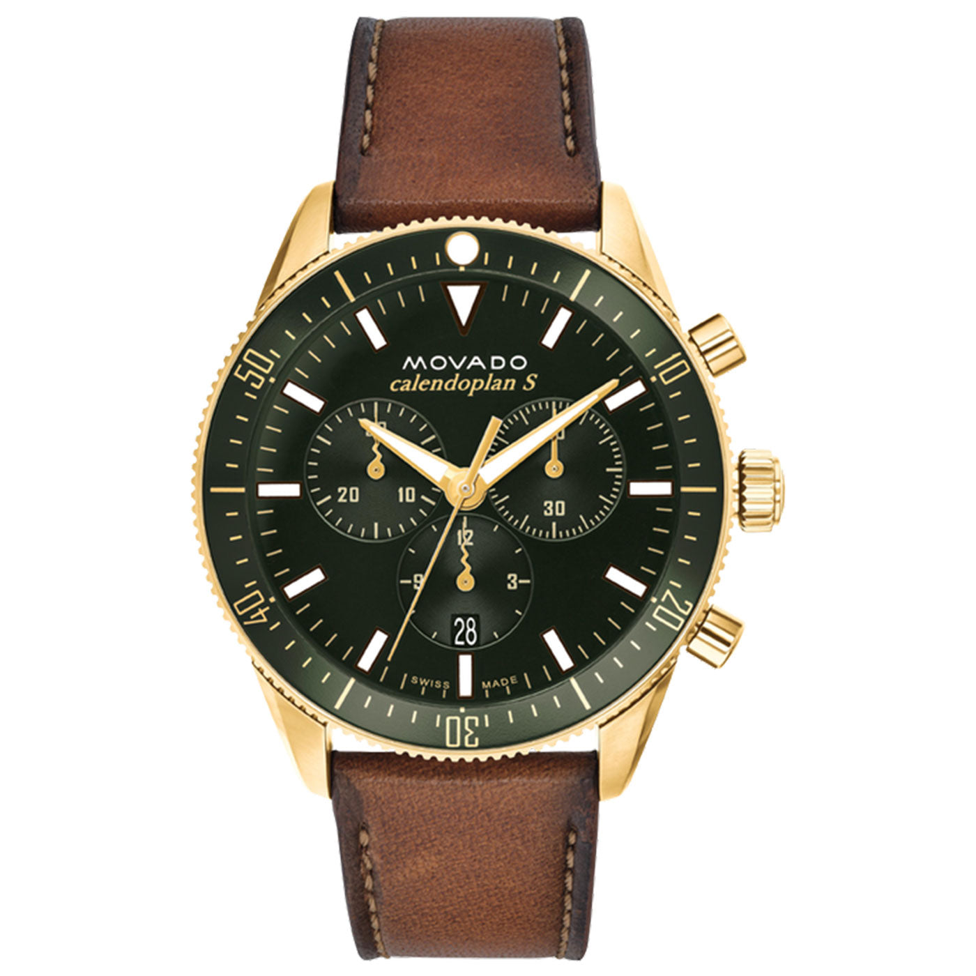 The Movado Heritage Series Calendoplan S Quartz 42mm Watch by Movado features an elegant dark green dial accented with Swiss Super-LumiNova, three sub-dials, and a date display positioned at 6 o'clock. The watch is designed with a gold case and complemented by a brown leather strap, along with gold hands and markers for a sophisticated finish.