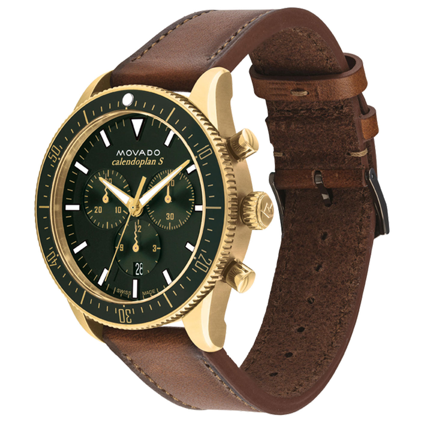 Introducing the Movado Heritage Series Calendoplan S Quartz 42mm Watch, featuring a stylish gold-tone stainless steel case and a striking dark green dial. This watch is equipped with Swiss Super-LumiNova on the hands, three sub-dials, a date window, and complemented by a brown leather strap with white stitching.