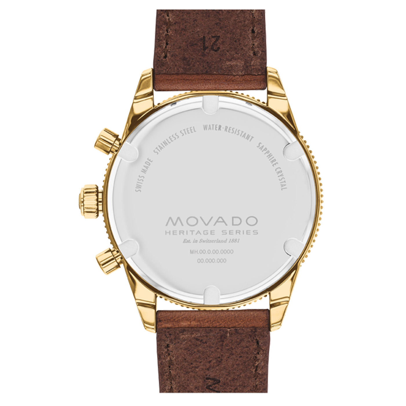 The reverse side of a Movado Heritage Series Calendoplan S Quartz 42mm watch with a brown leather strap. This chronograph showcases several inscriptions, emphasizing its water-resistant properties and materials. Equipped with Swiss Super-LumiNova, it ensures excellent visibility in low-light conditions.