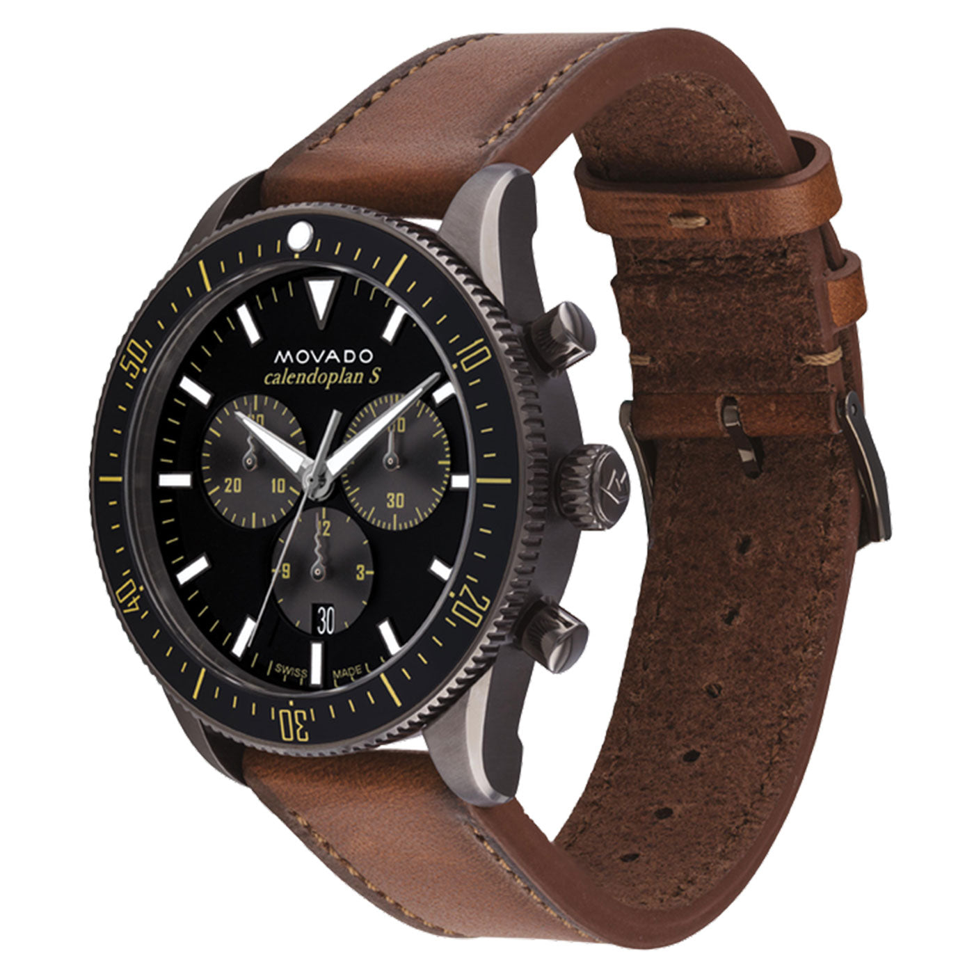 The Movado Heritage Series Calendoplan S Quartz 42mm Watch features a brown leather strap, a black dial with yellow accents on the third marker, three subdials, a date display, and silver hour and minute hands enhanced by Swiss Super-LumiNova for better visibility.