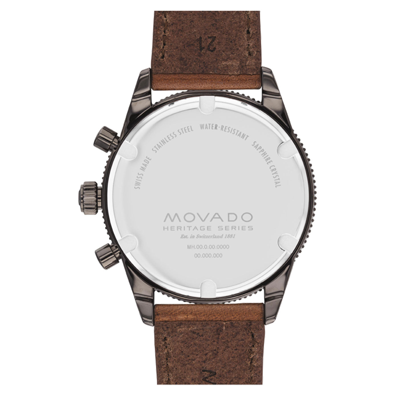 Back view of the Movado Heritage Series Calendoplan S Quartz 42mm Watch, showcasing a stainless steel case and leather strap with details highlighting water resistance, Swiss Super-LumiNova, sapphire crystal, and serial numbers.