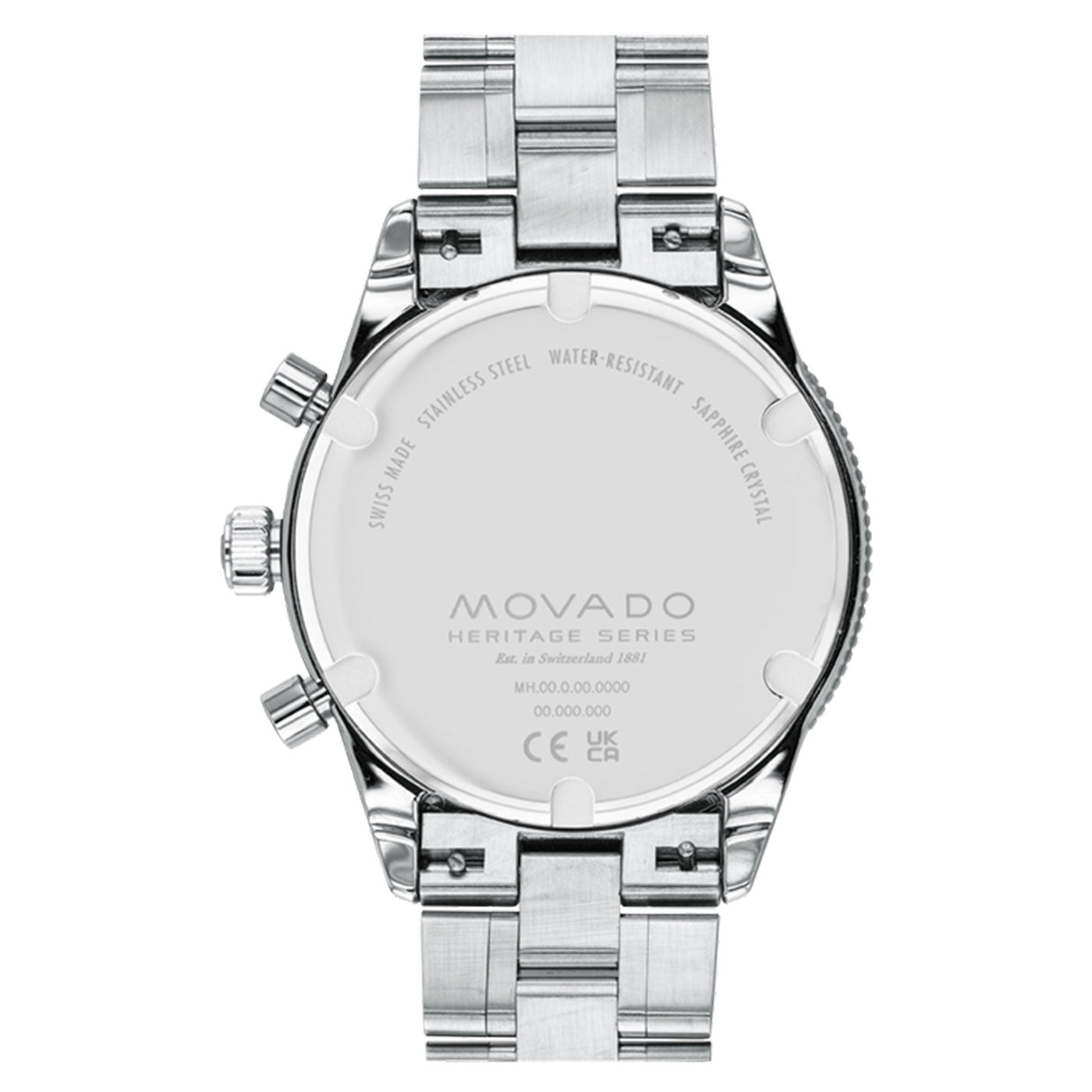 The image showcases the back of a Movado Heritage Series Calendoplan S Quartz 42mm watch, featuring a silver metal band and stainless steel case. The engravings indicate water resistance, sapphire crystal, and include model and certification details for this impressive chronograph timepiece from Movado.