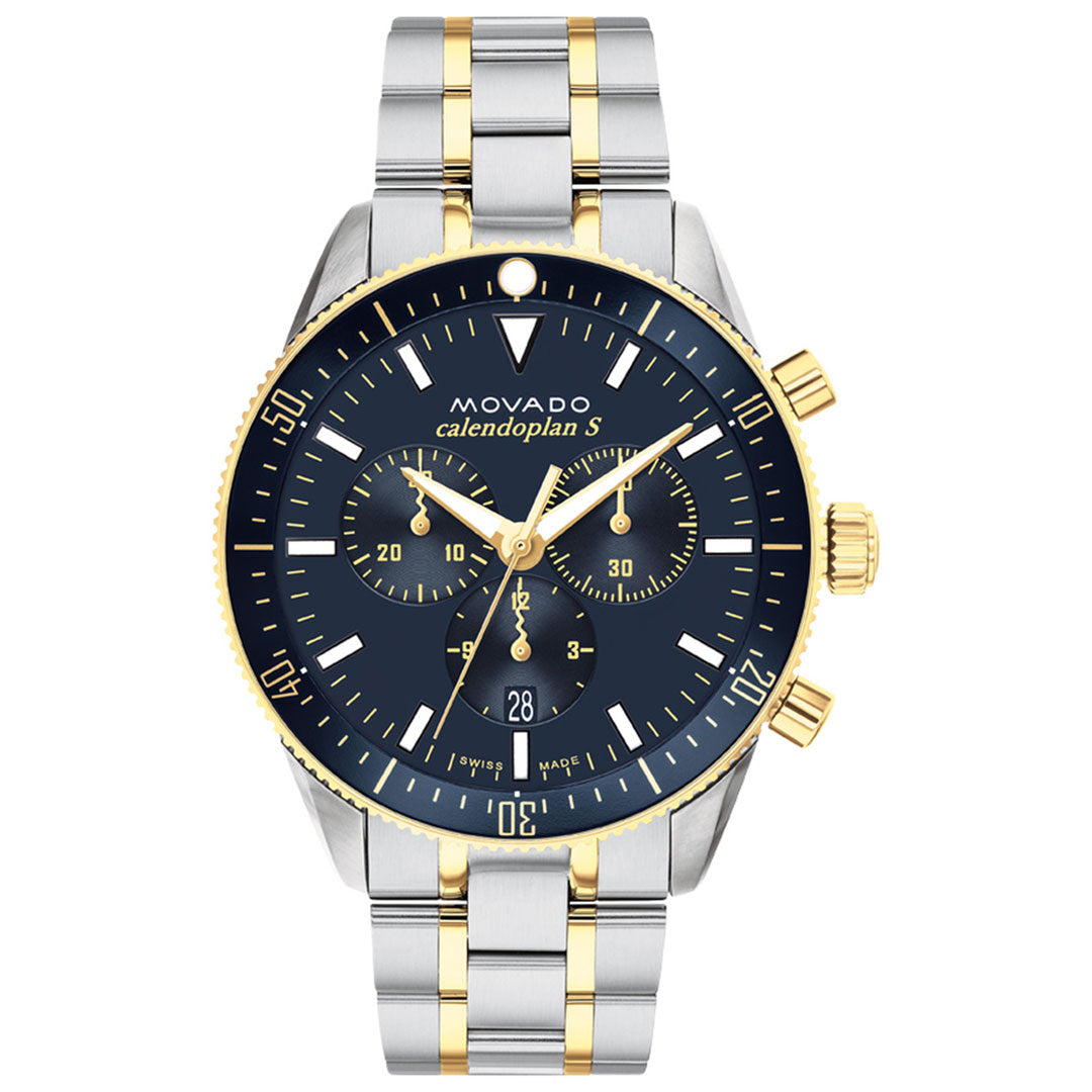 A Movado Heritage Calendoplan S Chronograph Quartz 42mm watch featuring a blue dial, gold ion-plated and stainless steel bracelet, three subdials, a gold bezel, and a date display at the 6 o’clock position.