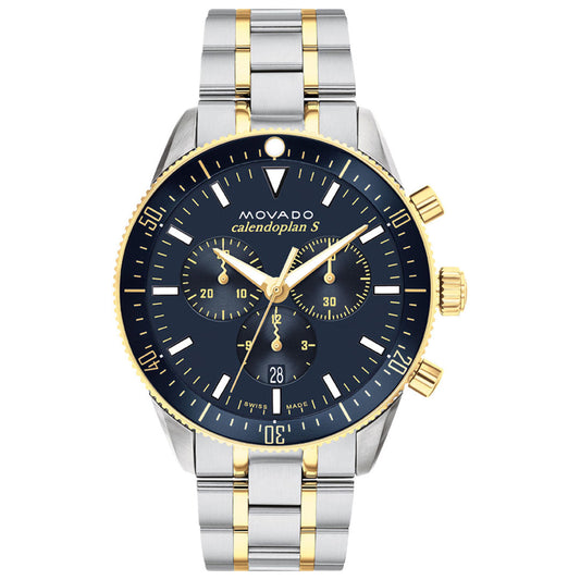 A Movado Heritage Calendoplan S Chronograph Quartz 42mm watch featuring a blue dial, gold ion-plated and stainless steel bracelet, three subdials, a gold bezel, and a date display at the 6 o’clock position.