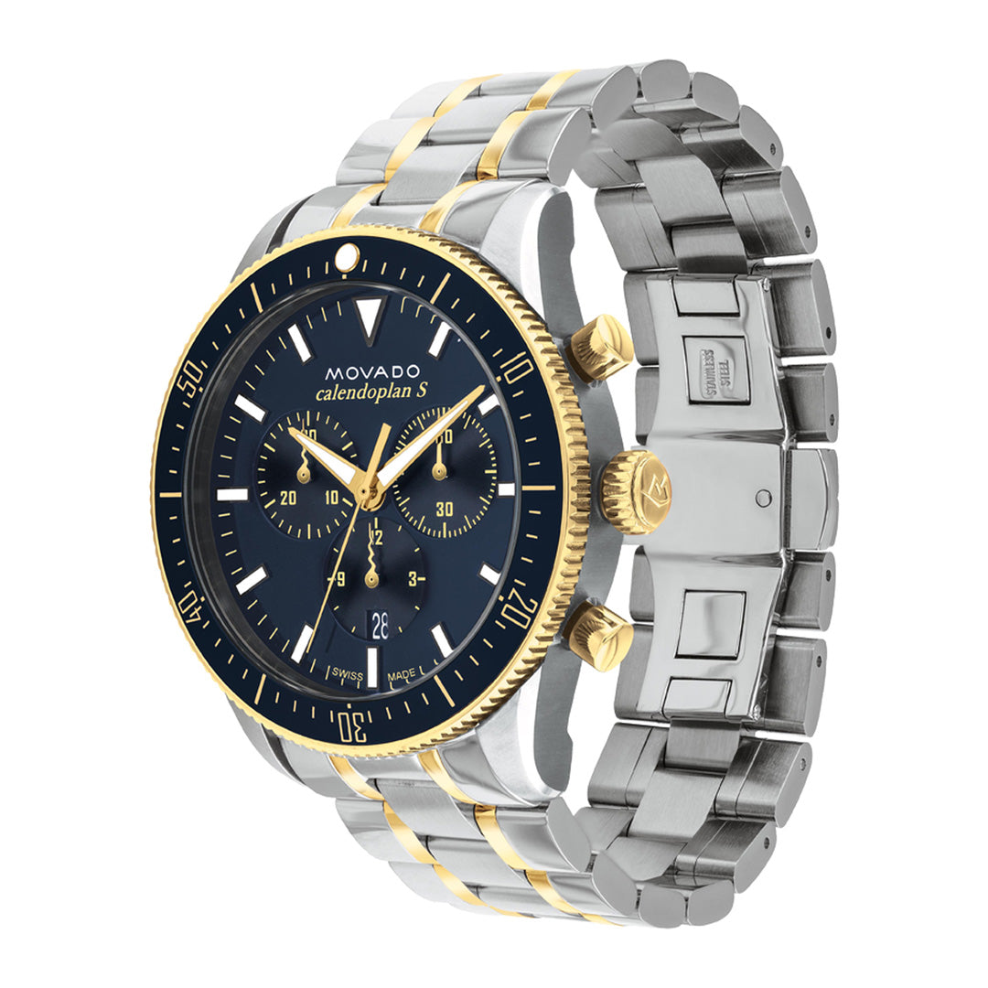 Introducing the Movado Heritage Calendoplan S Chronograph Quartz 42mm Watch by Movado, featuring a navy blue chronograph dial with gold accents, three subdials, and a two-tone stainless steel and gold bracelet.
