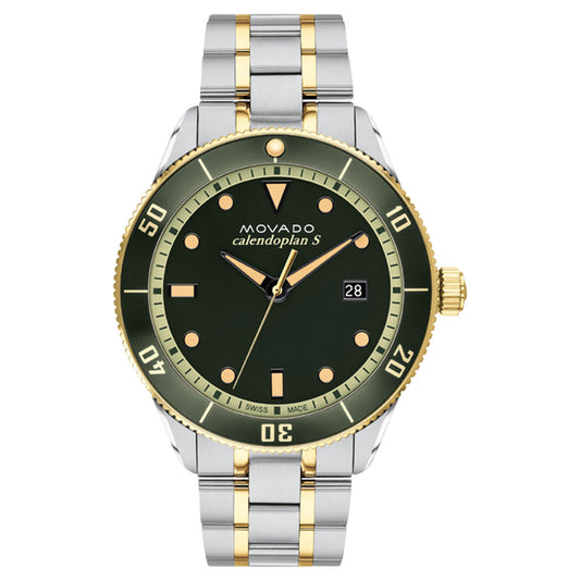 The Movado Heritage Series Calendoplan S Quartz 43mm Watch showcases a captivating green dial adorned with gold accents. It includes a stainless steel and gold bracelet, enhanced by white and gold hour markers and a date window at the 3 o'clock position, offering timeless elegance.