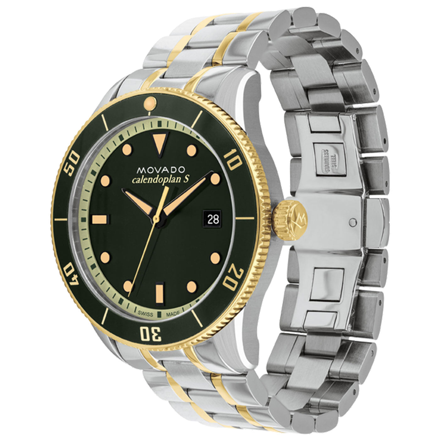 The Movado Heritage Series Calendoplan S Quartz 43mm Watch features a sophisticated green dial with elegant gold accents and a refined gold bezel. This classic timepiece is equipped with a date display and boasts a chic two-tone stainless steel strap combining silver and gold hues.