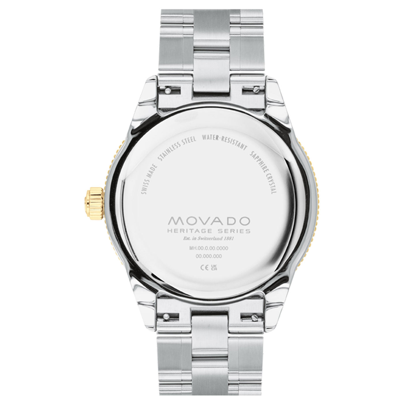 The image showcases the back of the Movado Heritage Series Calendoplan S Quartz 43mm Watch, highlighting its elegant silver stainless steel band and round case adorned with gold-tone accents. Engravings such as "Swiss Made," "Stainless Steel," and "Water Resistant" add to its timeless sophistication.