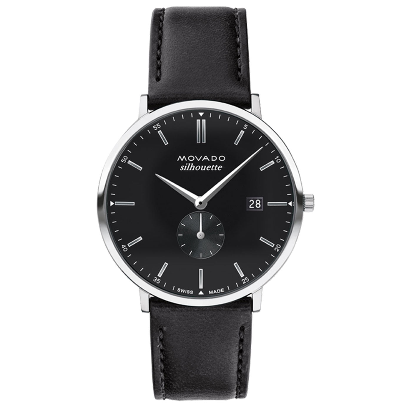 The Movado Heritage Series Silhouette Quartz 40mm Watch by Movado features a black leather strap complemented by a stainless steel case. Its sophisticated black dial is enhanced with minimalist hour markers, a date window at the 3 o'clock position, and a small second sub-dial situated at 6 o'clock, adding an elegant touch.