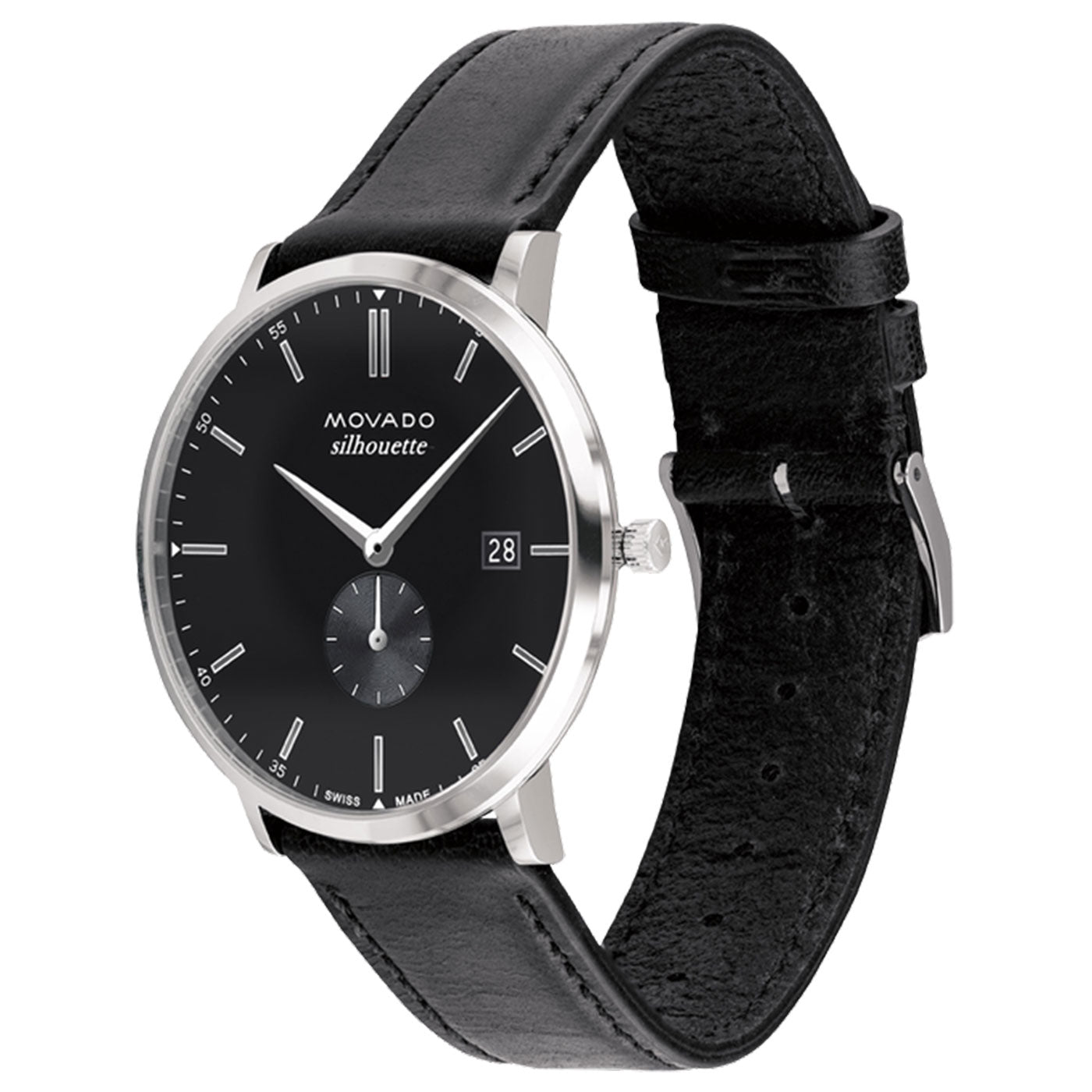 The Movado Heritage Series Silhouette Quartz 40mm Watch by Movado showcases a sleek black dial adorned with minimalist hour markers, complemented by a date window at 3 o'clock and a small seconds subdial. The elegant stainless steel case is perfectly paired with a black leather strap, offering a contemporary design.